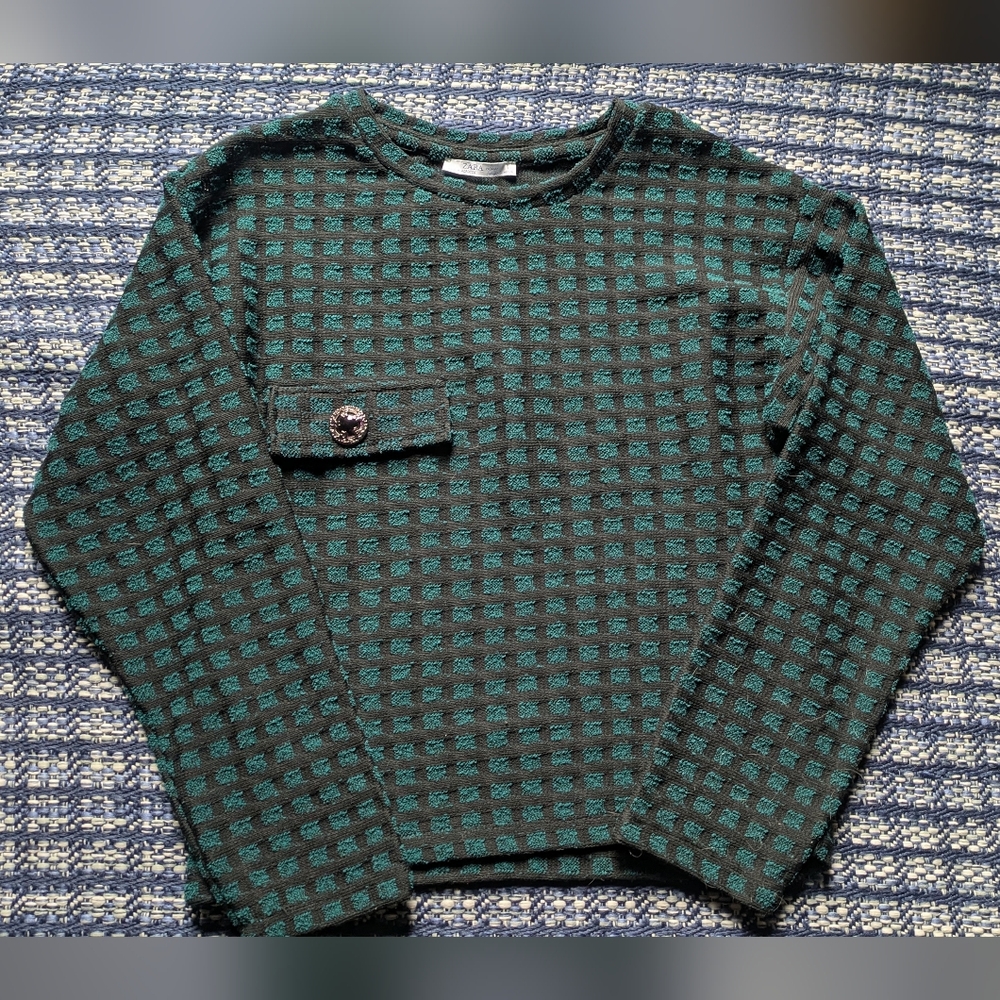 Zara Black and Teal Textured Knit Top